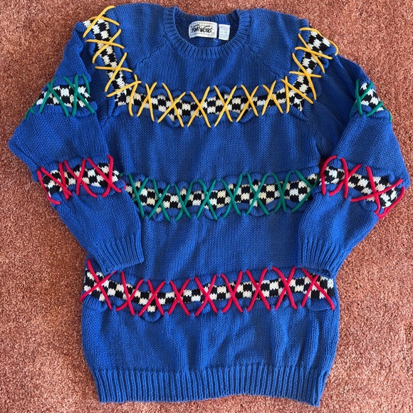 Vintage 90s Knit Works Colorful Abstract Checkered Woven Sweater - Picture 2 of 6